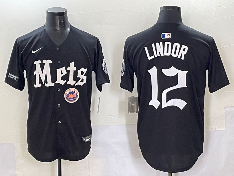 Men 2025 New York Mets #12 Lindor Black Five generations Joint Name Nike MLB Jersey style 15